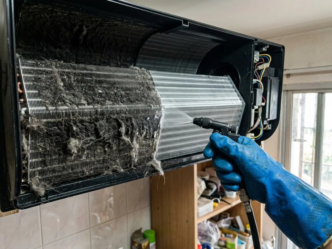 CoolRova technician performing ac cleaning in a Bangkok condo