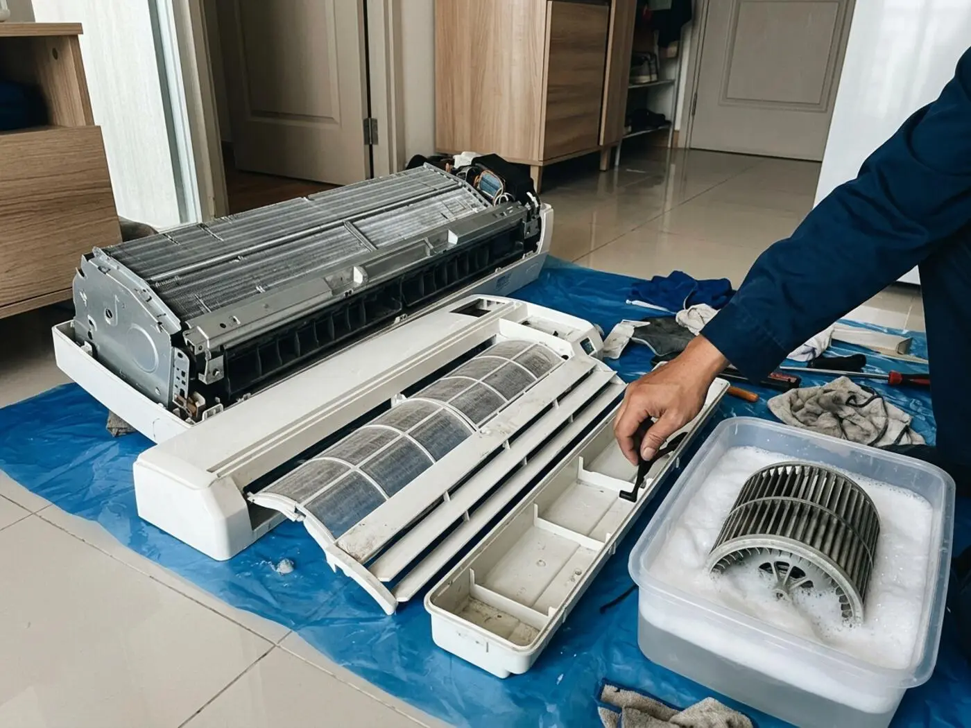 CoolRova technician performing deep chemical wash in a Bangkok condo