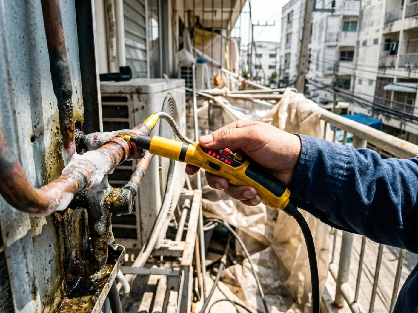 CoolRova technician performing refrigerant top-up in a Bangkok condo