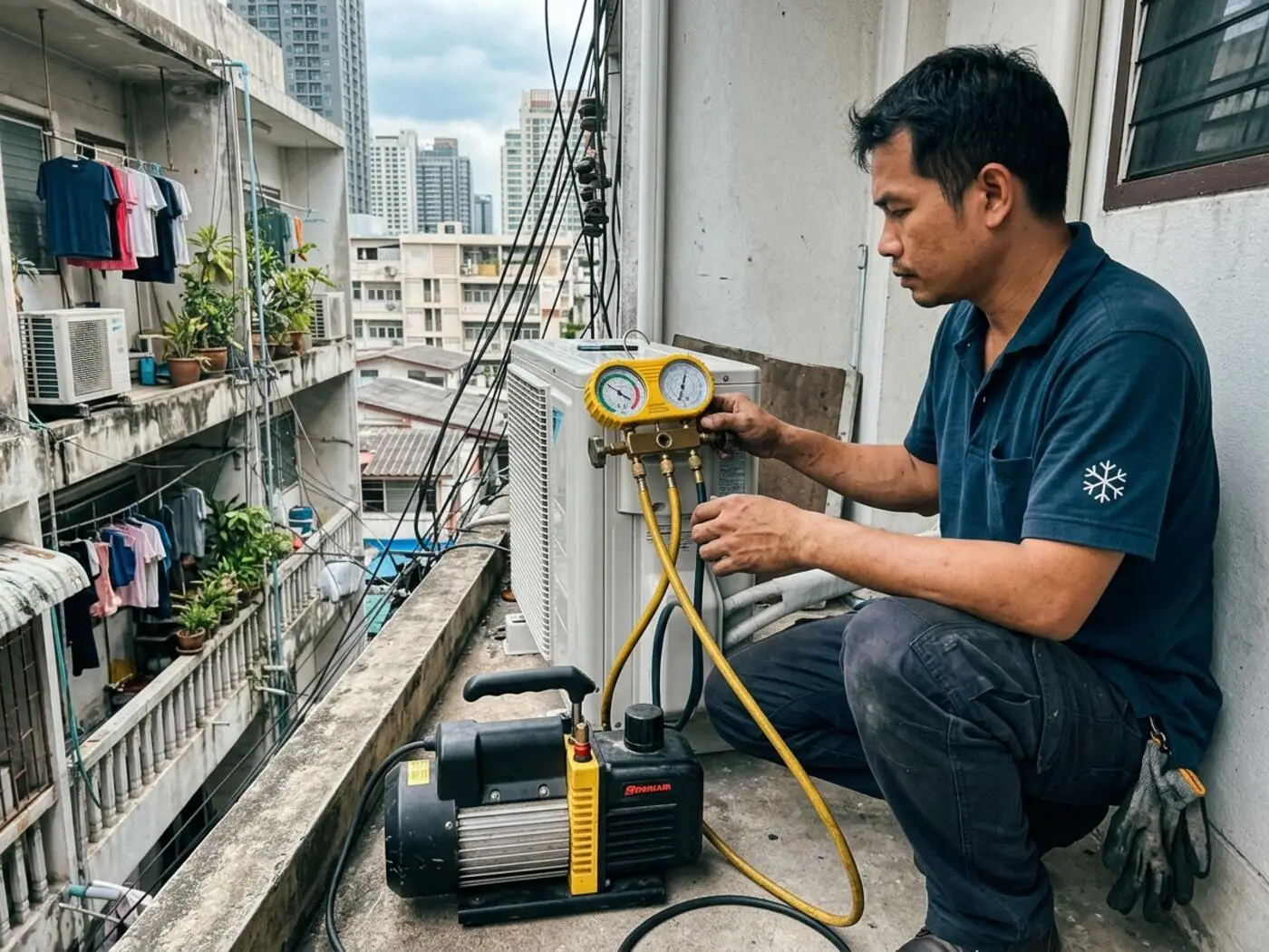 CoolRova technician performing installation & relocation in a Bangkok condo